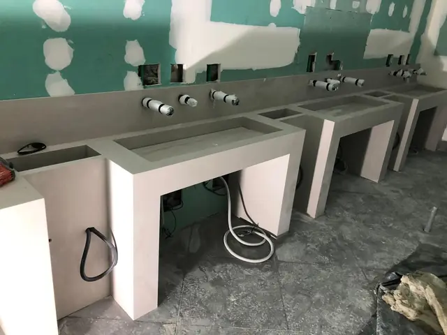 Lavabos corridos en obra con las tomas de agua y grifería protegidas antes de los acabados